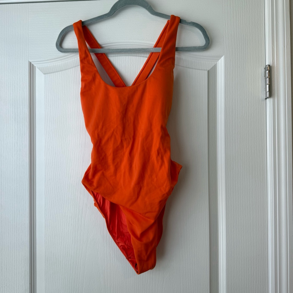 Women's Kitty and Vibe One Piece Swimsuit Size L Orange Criss Cross Backless
